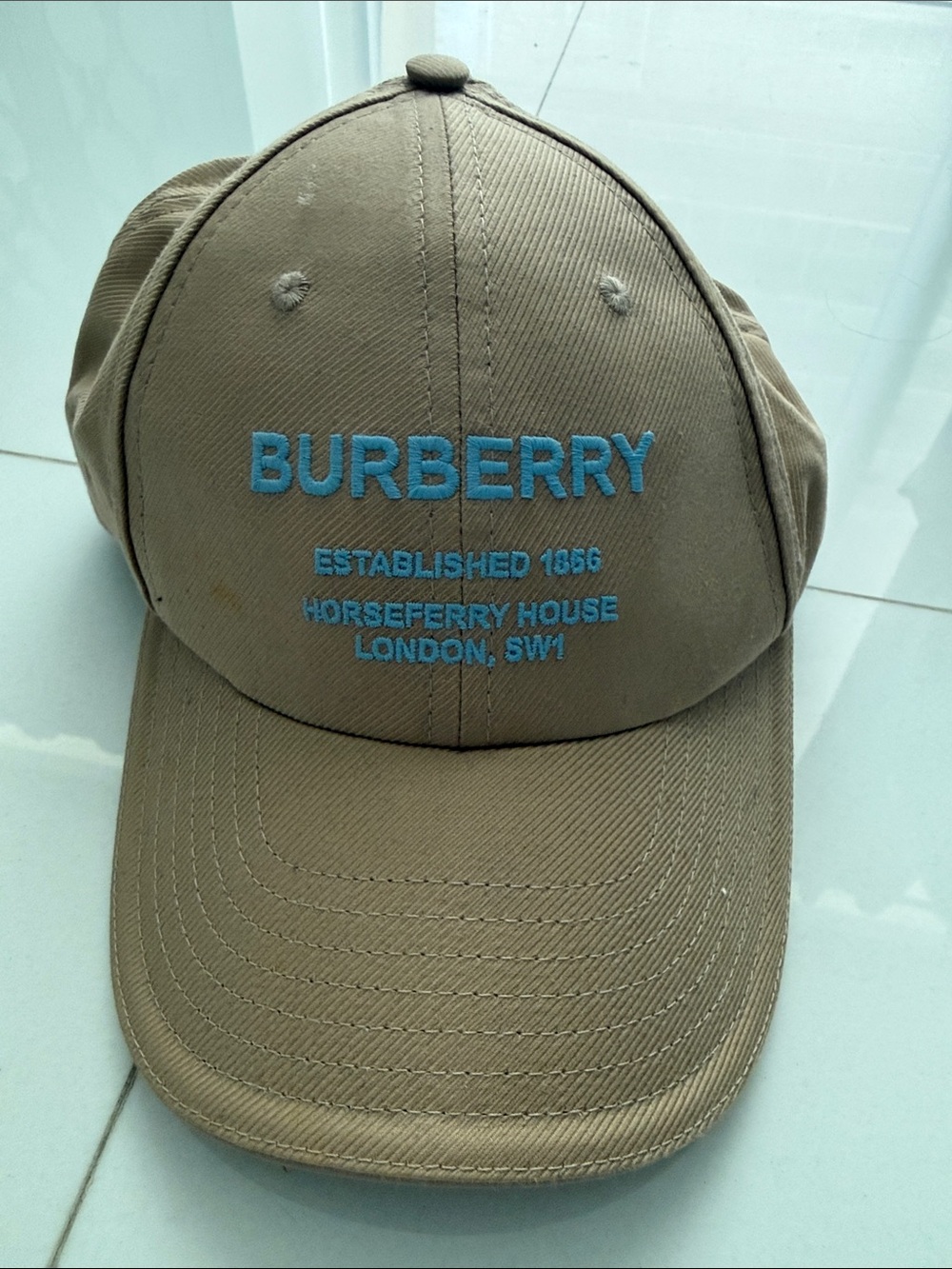 Burberry Khaki Baseball Cap with Light Blue Embroidered Logo